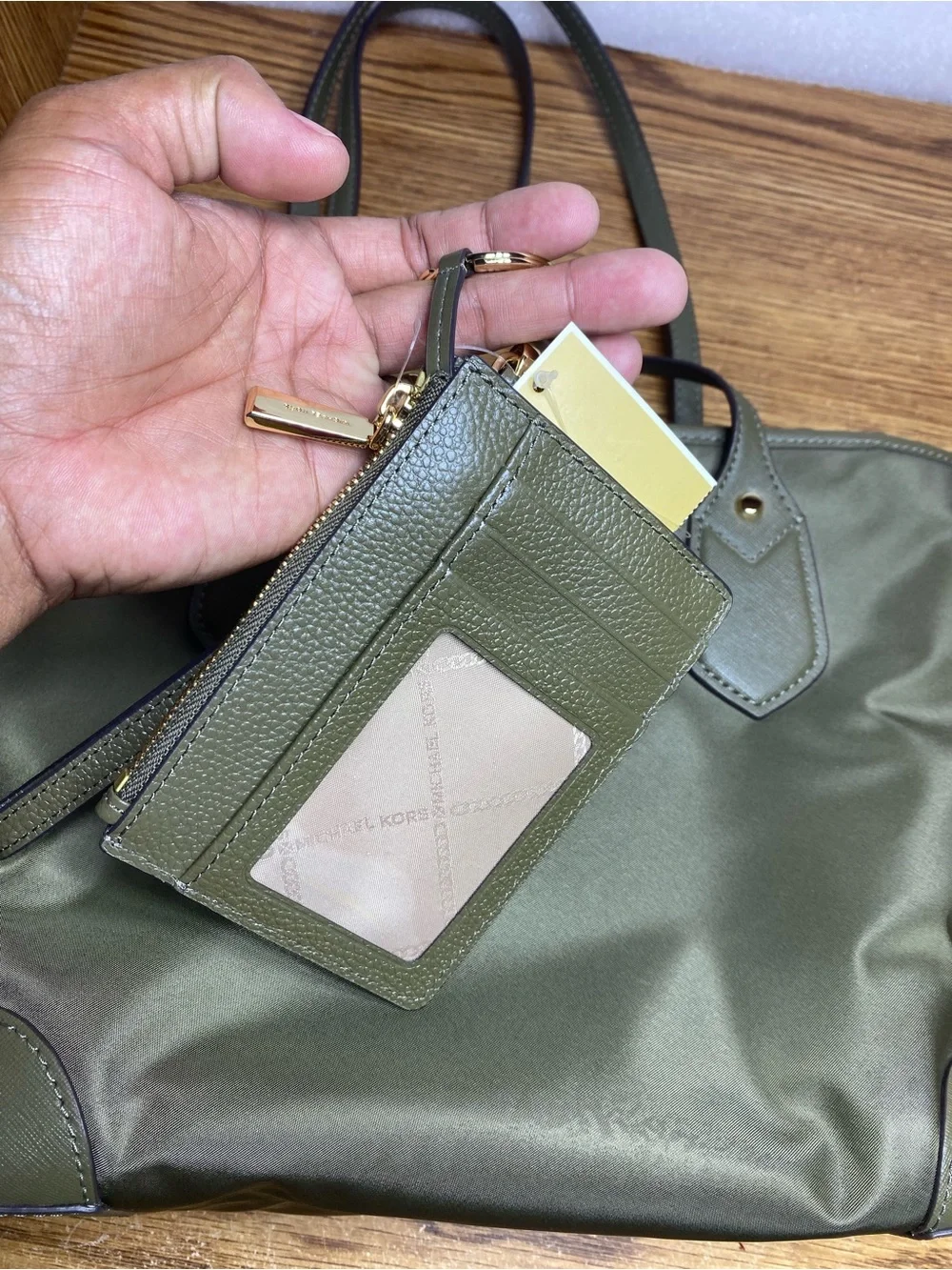 MICHAEL Kors Eva Small Zip Top Nylon Green Tote Shoulder Bag With Wallet Bundle